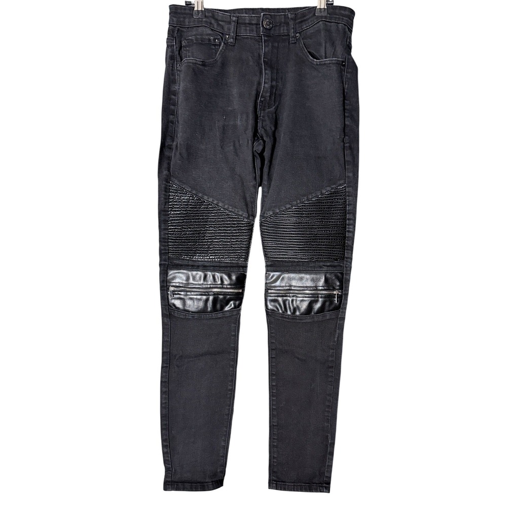 Men Streetwear Biker Edgy Jeans 30 Black Moto Ribbed Faux Leather Slim Fit Urban